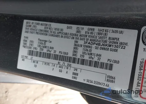 2019 Ford Fiesta Se z USA, uszkodzony, nr VIN 3FADP4BJ6KM130722